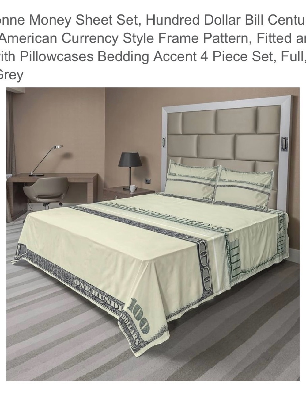 Novelty Hundred Dollar Bill Queen Bedding Set - Cream & Dark Green